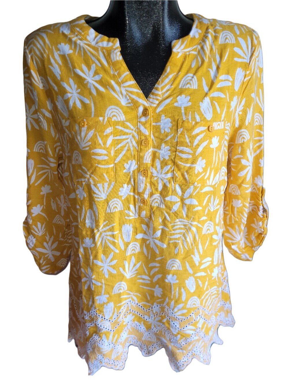 Grenier Women's Yellow Floral Button-Front Tunic Top Size L